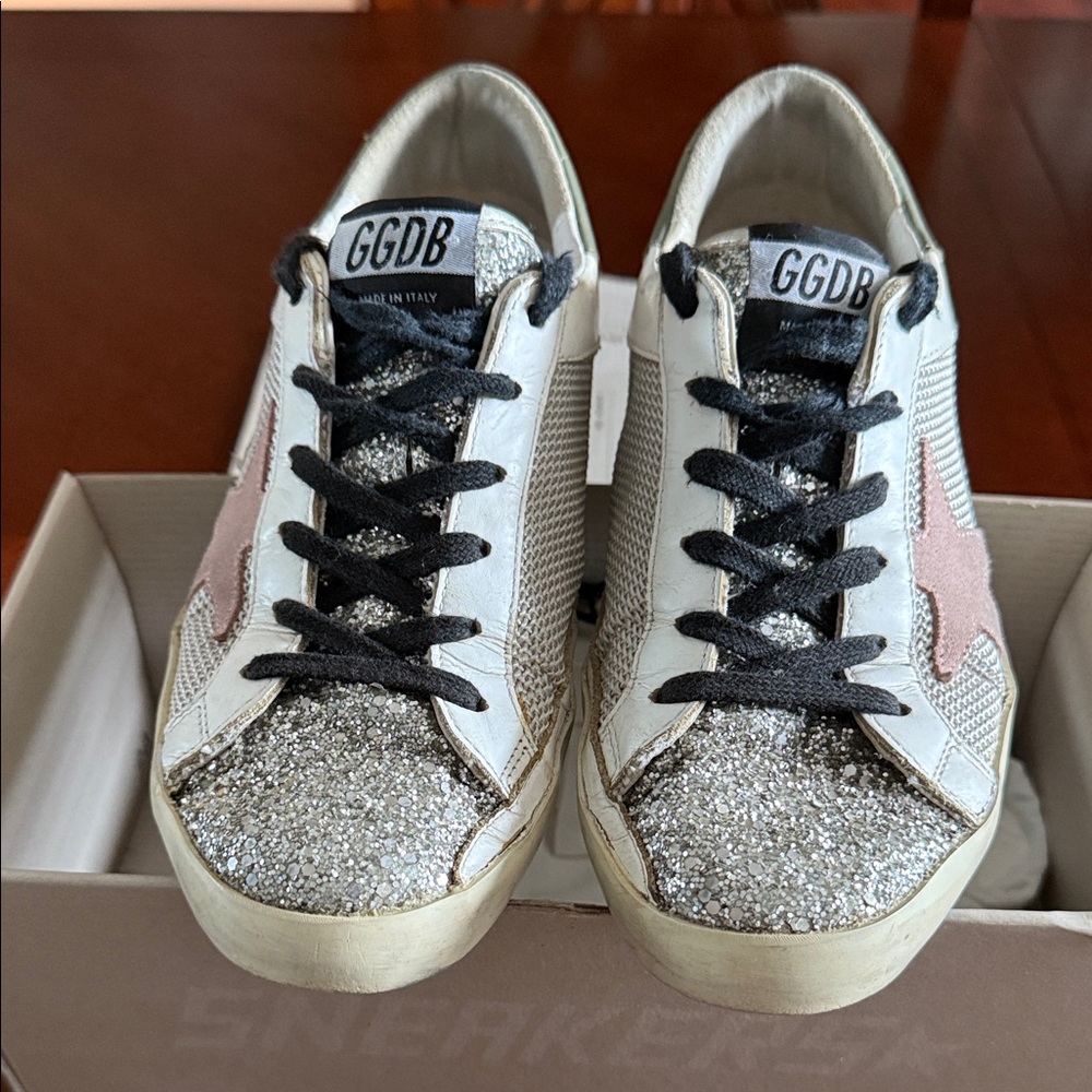 Golden Goose Silver Glitter Sneakers with Pink Star